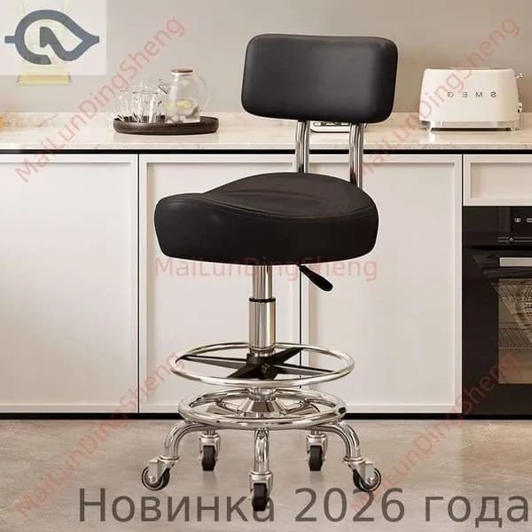 Ортопедический стул, Искусственная кожа, Модель с подножкой и спинкой, чёрный цвет, с бесшумными резиновыми колёсами