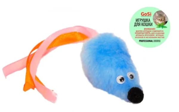 Игрушка GoSi "Мышь с мятой и хвостом из лент" для кошек, Голубая