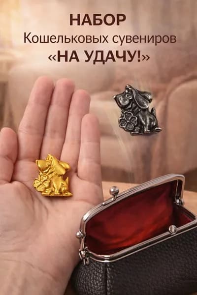 Фигурка кошельковая Собачка с клевером, на удачу, золотистый, серебристый, 1.5 1.2 см, материал олово, сувенир из России