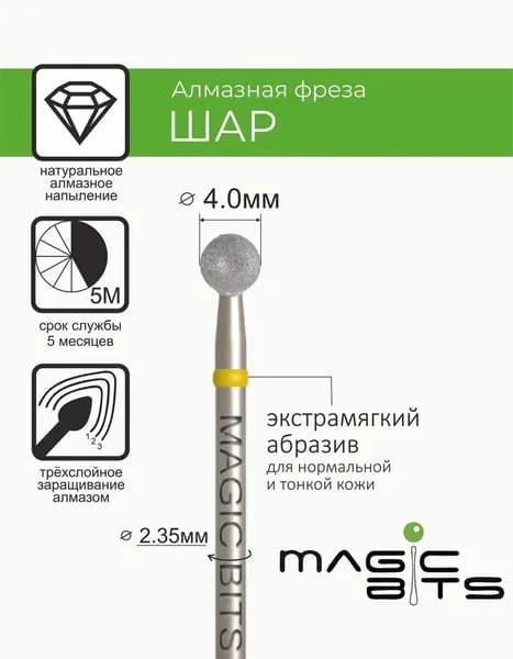 Magic Bits Фреза Алмазный шар 4.0 мм с натуральным напылением ЭКСТРАМЯГКОГО абразива