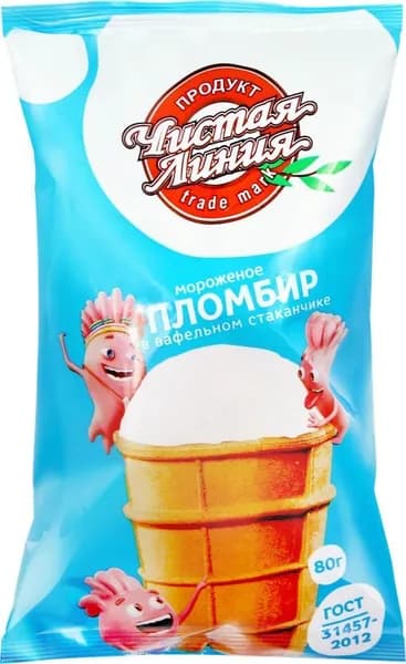 Мороженое ЧИСТАЯ ЛИНИЯ Пломбир ванильный 12%, без змж, вафельный стаканчик, 80г - 10 шт.