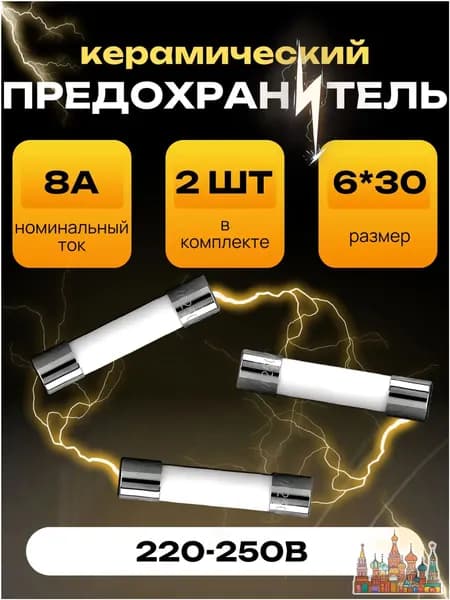 Трубчатый предохранитель 8А 250В. 2 шт. 6*30 мм, керамический, для бытовых приборов, СВЧ/микроволновки, автомобилей.