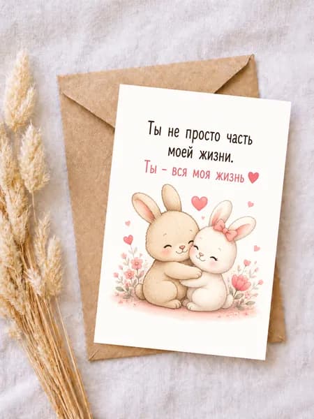 Открытка Ты вся моя жизнь 10 15 см с конвертом романтическая открытка с зайчиками, подарок любимому человеку