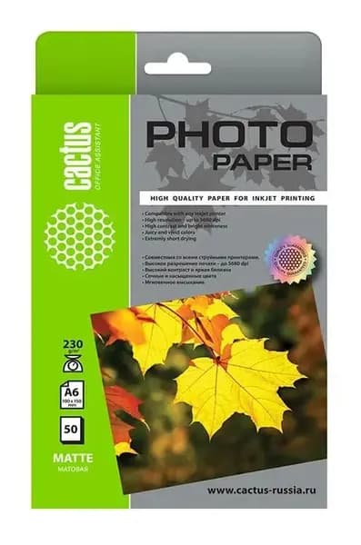 Фотобумага Cactus CS-MA623050, A6, для струйной печати, 50л, 230г/м2, белая, матовая