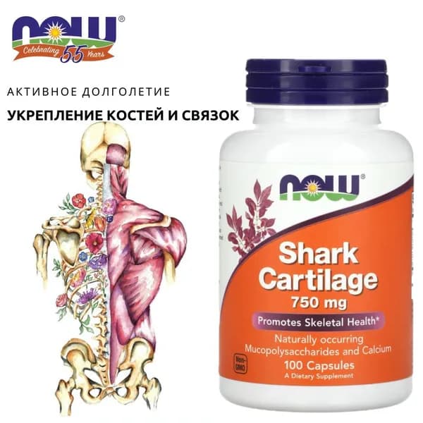 Укрепление костей и связок. Now Акулий хрящ Shark Cartilage 750mg (100капс)