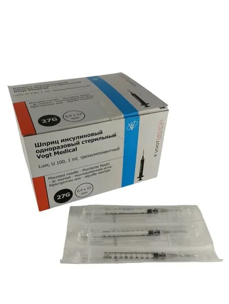 Шприц 1мл 27G 0.4*13мм U-100 инсулиновый с надетой иглой LUER (Vogt Medical) 100 шт.
