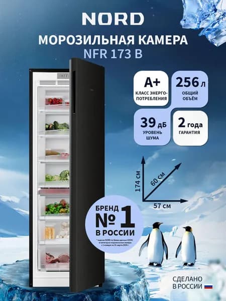 Морозильная камера NORD NFR 173 B высотой 173 см и объемом 256 л с ручным размораживанием, перенавешиваемая дверь, черная