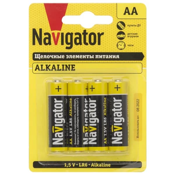 Батарейки Navigator "Alkaline", алкалиновые, АА, LR6, 1.5V, 4 шт