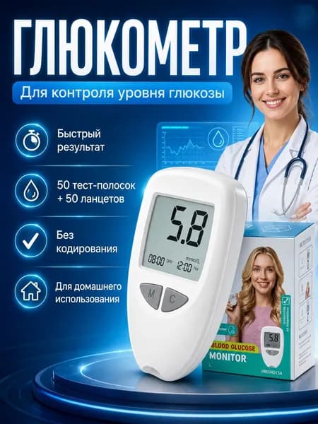 Глюкометр с тест-полосками 50 шт и ланцетами 50 шт, набор для контроля уровня сахара в крови дома