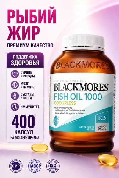 BLACKMORES Без запаха Омега-3, 1000 мг, капсулы масла глубоководных рыб, содержит 120 мг DHA и 180 мг EPA, 400 капсул в бутылке.