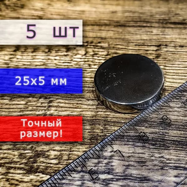 Неодимовый магнит универсальный мощный для крепления (магнитный диск) 25х5 мм (5 шт)