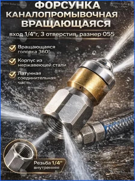 Форсунка каналопромывочная вращающаяся 0.55мм, вход 14G, 3отверстия, нержавеющая сталь, для промывки труб и канализационных систем