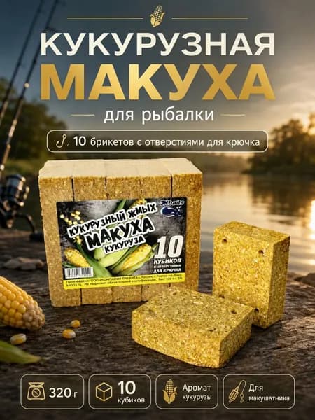 Макуха кукурузная для рыбалки "Кукуруза" - жмых прессованный, 10 кубиков с отверстиями, прикормка для карпа и сазана