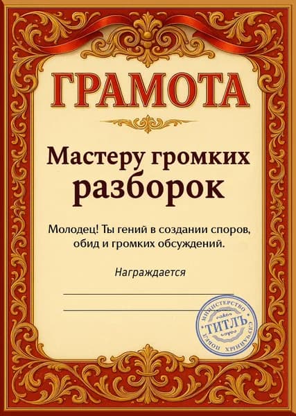 Прикольная грамота, диплом для другу - мастер споров