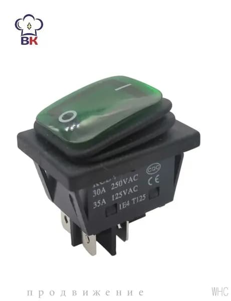 Переключатель клавишный, выключатель on-off зелёный с подсветкой 30А, 250V влагозащитный 4 контактный, 120000060541 Абат, кнопка включения