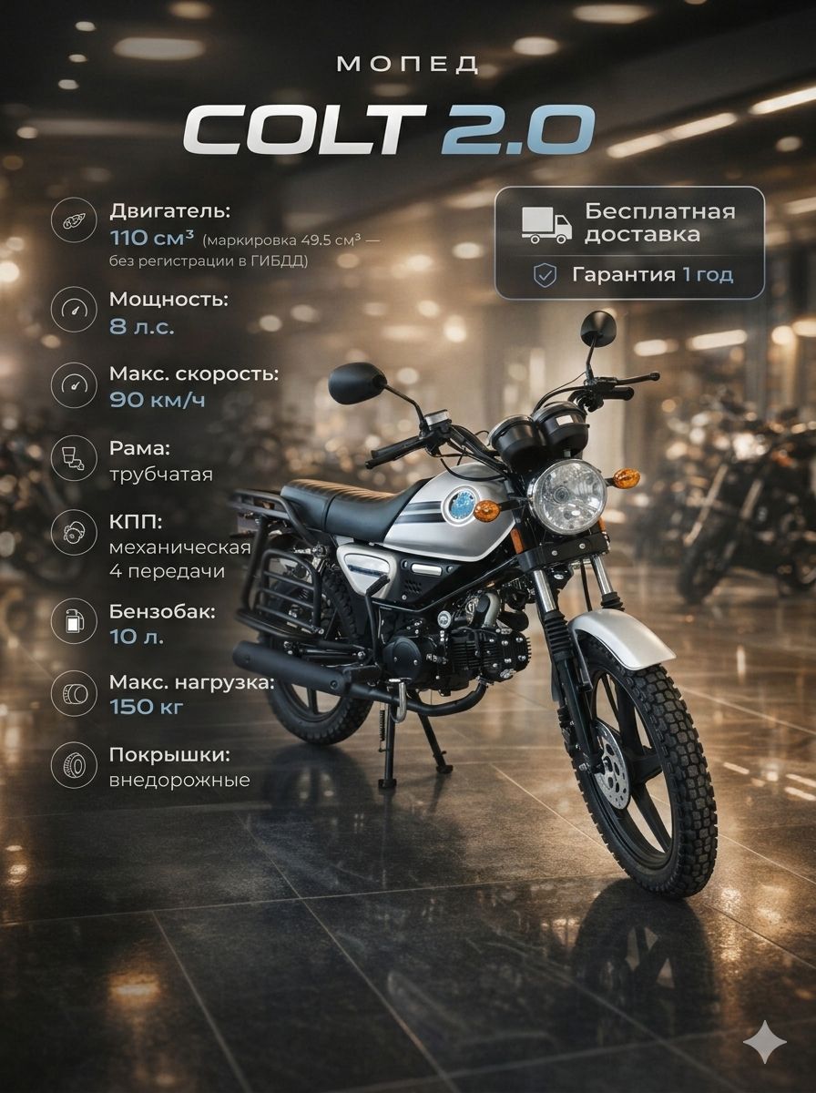 Мопед COLT 2.0 GREY 110 см3 (49,9 см3), 8 л.с., механика 4 передачи, электростартер и кикстартер, для города, для села, для деревни, для взрослых бензиновый
