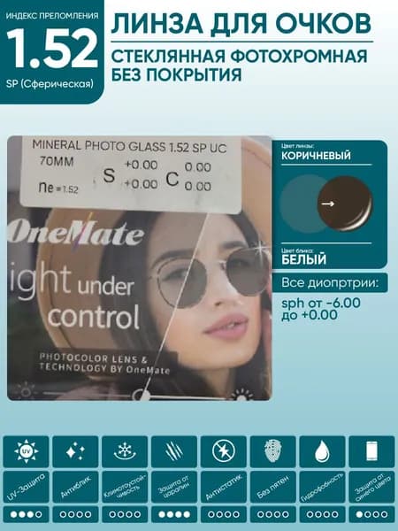 Линзы для очков sph -0.50 стеклянные фотохромные коричневые OneMate MINERAL PHOTO 1.52 SP GLASS UC сферические