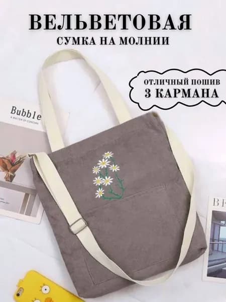 Сумка шоппер через плечо на молнии вельветовая