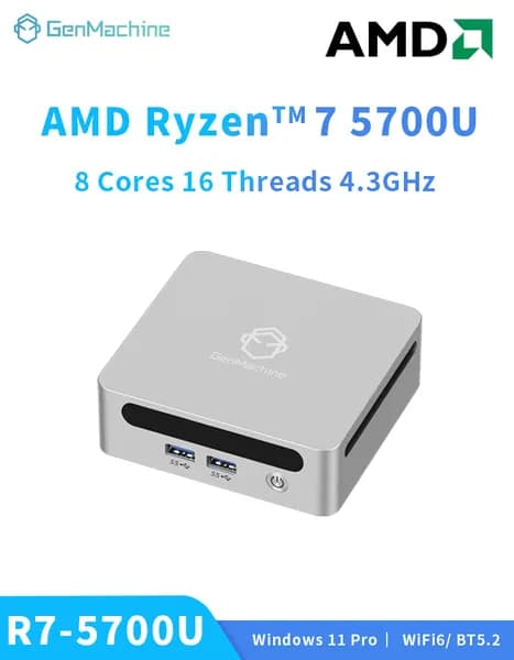 GenMachine MINI PC Мини-ПК (AMD Ryzen 7 5700U, RAM 16 ГБ, SSD 256 ГБ, AMD Radeon Vega 8, ), серебристый
