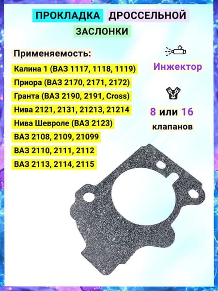 Прокладка дроссельной заслонки применяется для ВАЗ 2108 - 2115, подходит для Калина 1, совместима с Нива Шевроле, подойдёт для Гранта