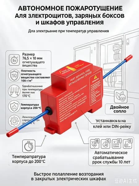 Огнетушитель аэрозольный самосрабатывающий на DIN-рейку и клей для электрощитов, двойное сопло, 1 шт.