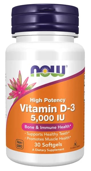 NOW High Potency, Vitamin D3 5000 IU, Витамин Д3 (холекальциферол), 30 мягких капсул, Витамины для иммунитета, для здоровья костей и зубов
