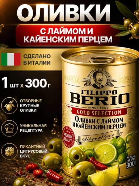 Оливки без косточек фаршированные с лаймом и кайенским перцем 300г Filippo Berio