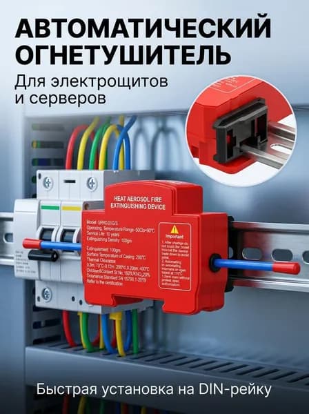Самоактивирующийся огнетушитель для электрических шкафов, двойное сопло, монтаж на клей