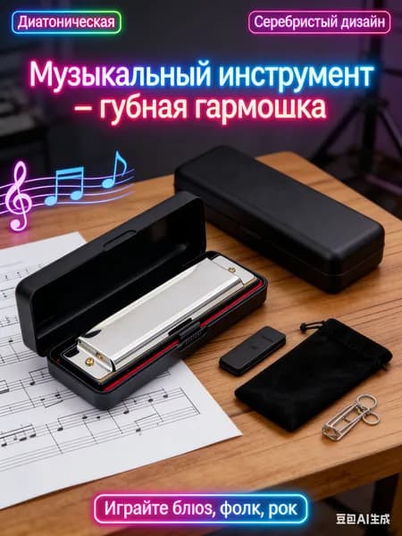 Губная гармошка с футляром, диатоническая, тональность С, серебристая
