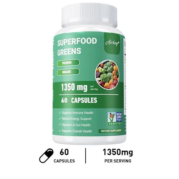 Добавка Airboy Super Green Vegetable Supplement разработана для укрепления иммунитета, повышения энергии и поддержания здоровья кишечника.