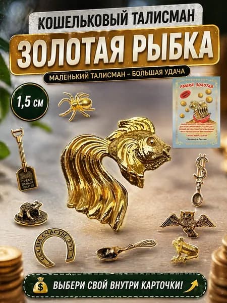 Оберег (талисман), кошельковый амулет латунный, фигурка в кошелёк, денежный сувенир (подарок) "Золотая рыбка"