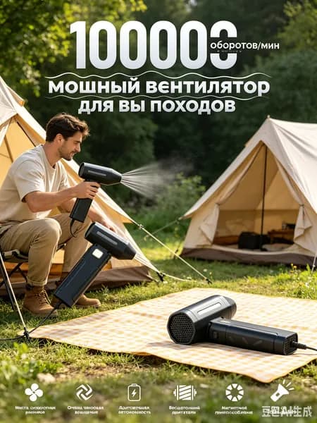 Фен для розжига углей с аккумулятором / воздуходувка для костра с встроенным фонариком / вентилятор для гриля и барбекю