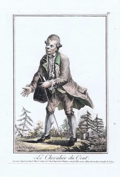 Характеры. Рыцарь ветра. Антикварная гравюра (резец, офорт, акварель). Германия, 1783-1784 год