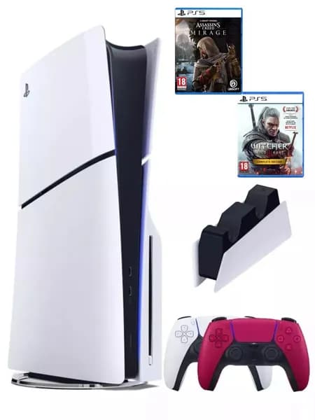 PS5 (ПС5) Игровая приставка Sony PlayStation 5 Slim + 2-й геймпад(красный) + зарядное + игра Assasins + Witcher , 1000Gb