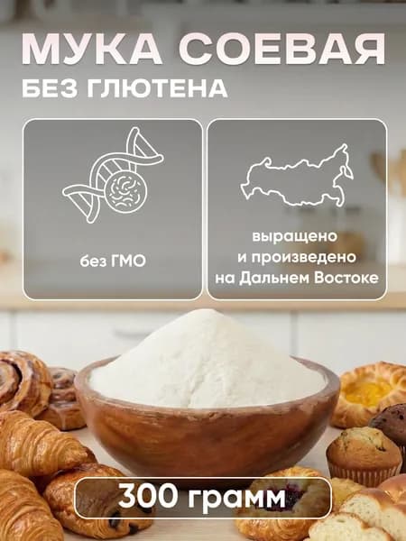 Мука соевая обезжиренная 0,3кг. Без глютена и без ГМО, кулинарная диетическая, заменитель яиц, Сой Соич