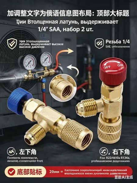 Вентиль для заправки хладагента, латунный, 1/4" SAE, набор 2 шт. - утолщённая латунь, поворотный кран, взрывобезопасный - для кондиционеров, холодильников, автокондиционеров,