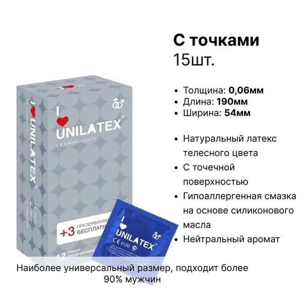 Точечные презервативы с пупырышками Unilatex Dotted 0,06 мм - 15шт, с точками, с пупырками