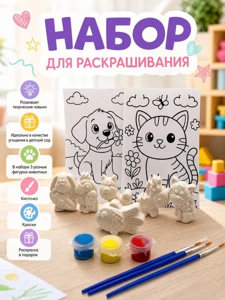 Набор для творчества. Милые животные. Ассорти. В наборе 3 фигурки. Распределение случайным образом.гипсовые фигурки для раскрашивания