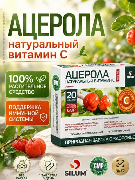 Витамин C натуральный Ацерола Форте SILUM, таблетки для рассасывания для поддержки иммунитета, без сахара
