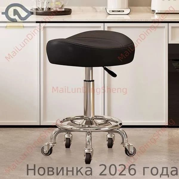 Ортопедический стул, Искусственная кожа, Модель без подножки и без спинки, чёрный цвет, с бесшумными резиновыми колёсами