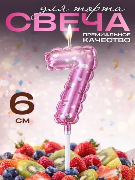 Свечи для торта цифры, свеча цифра 7, в виде шара, цвет розовый