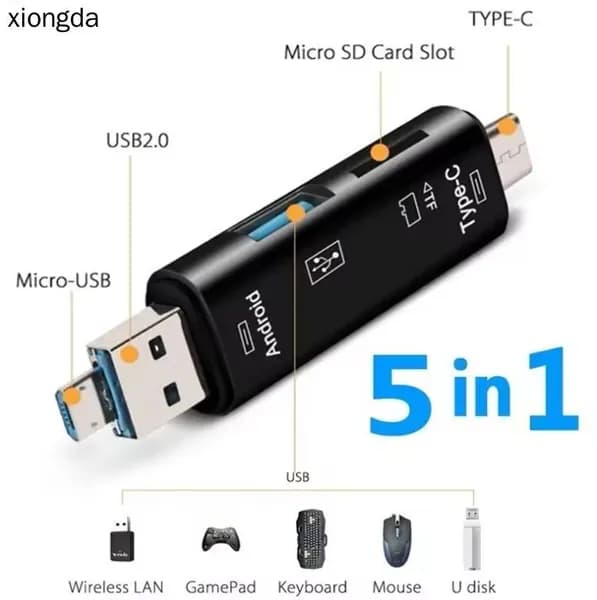 Многофункциональный кард-ридер 5-в-1 USB, Type-C и Micro-USB, универсальный адаптер для чтения карт и подключения устройств.