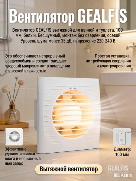 GEALFIS Вентилятор для ванной осевой 100 мм белый бесшумный монтаж без сверления уровень шума 35 дБ