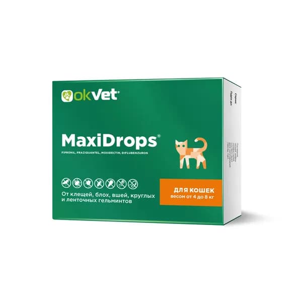 Капли на холку от паразитов MaxiDrops для кошек весом от 4 до 8 кг
