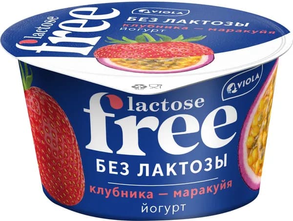 Йогурт VIOLA FREE безлактозный с наполнителем Клубника, маракуйя 2,7%, без змж, 180г