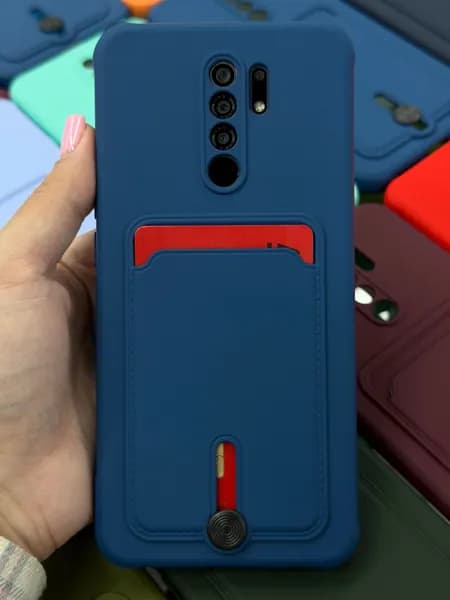 Чехол на Redmi 9 синий с карманом для банковской карты.