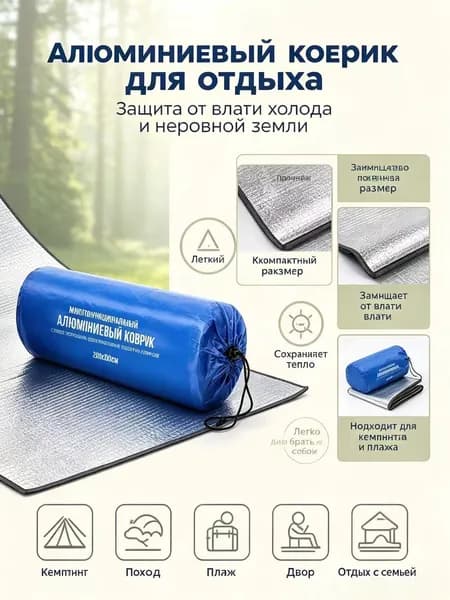 Фольгированный коврик для пикника 200х200 см, двухсторонний, с чехлом