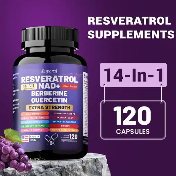 Buporai Resveratrol NAD+ 14 в 1 (120 капсул) поддерживает здоровье клеток, повышает уровень энергии и обеспечивает антиоксидантную защиту