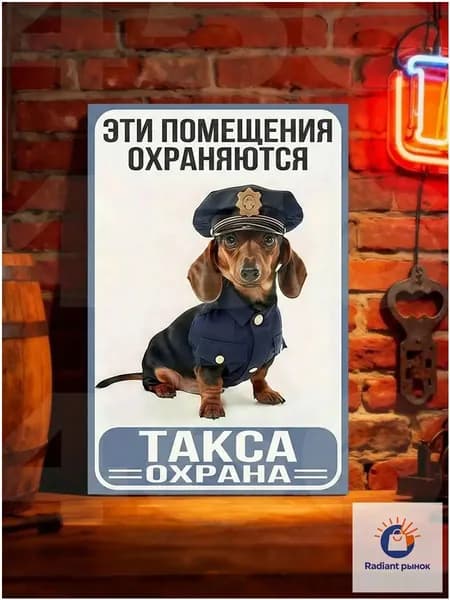 Табличка металлическая декоративная "Такса охрана", прикольный ретро постер на дверь и забор, винтажный декор из жести, 20х30 см