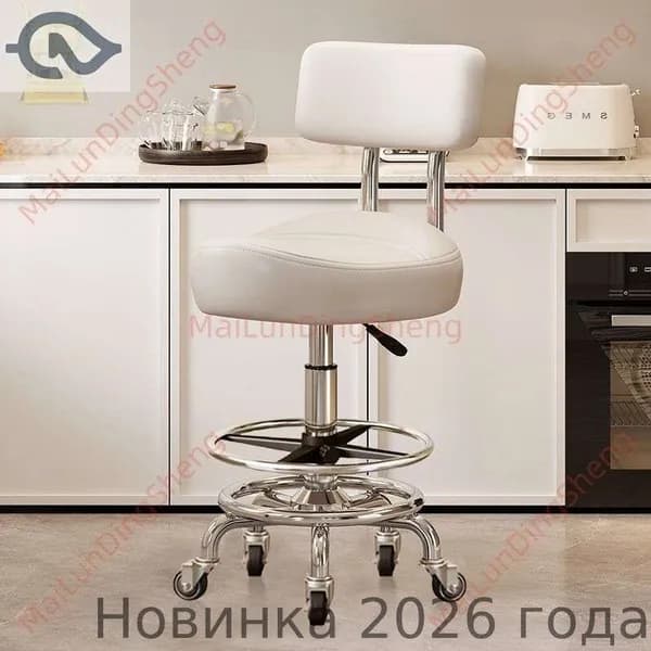 Ортопедический стул, Искусственная кожа, Модель с подножкой и спинкой, белый цвет, с бесшумными резиновыми колёсами
